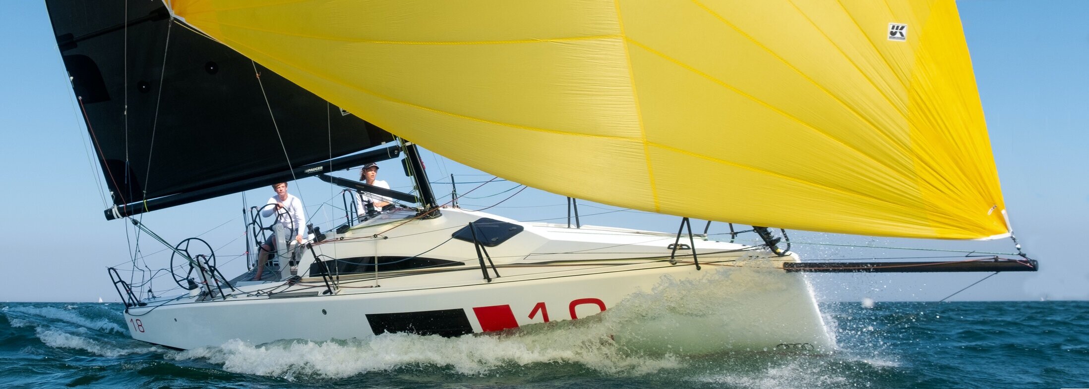 An L30 One-Design, which is one of the boats being considered for the mixed offshore doublehanded Olympic sailing event in 2024. The supplied class sails for all major one-design events are X-Drive double-sided taffeta for the greatest durability. K…