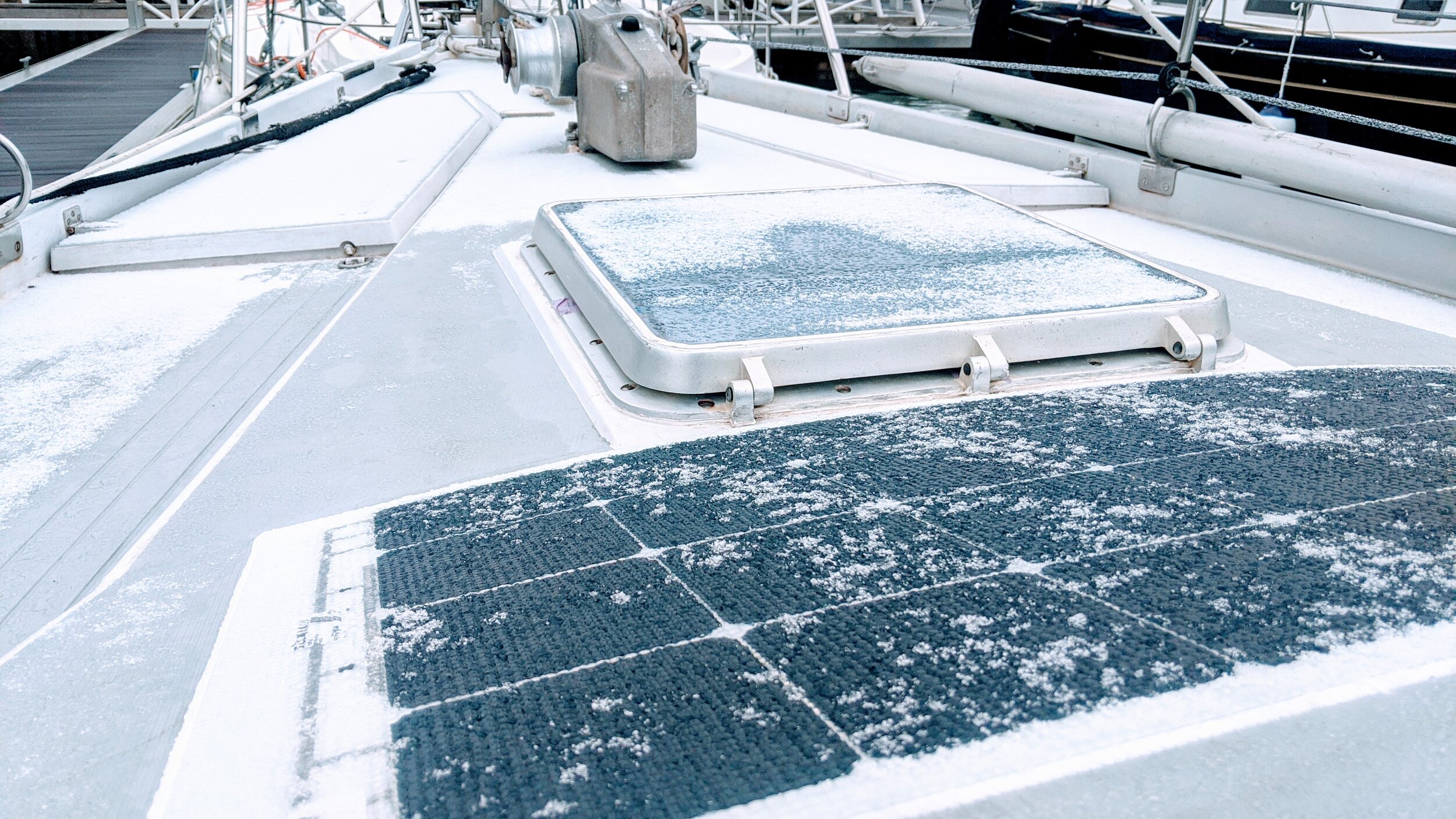 Light snow on one of the new solar panels.