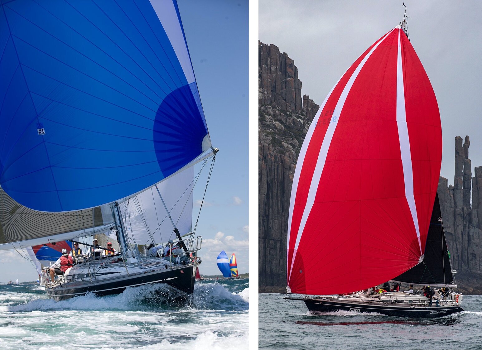 Originally equipped with symmetrical spinnakers, the Swan 44 TRIPLE LINDY changed to a full inventory of asymmetricals. After the switch, her owner said to Butch Ulmer, “Why didn’t I let you talk me into this sooner?!” The photo on the left is at the start of a Newport Bermuda Race and the photo on the right is TRIPLE LINDY entering Storm Bay in the 2016 Sydney Hobart Race.