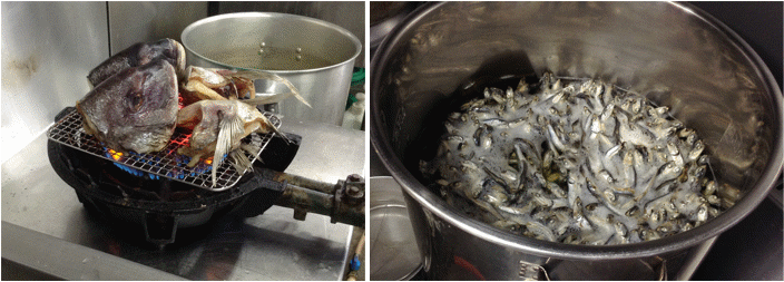 Ramen School. Fish heads and tails being grilled for use in a guest chef's soup (left). Soaking niboshi to make dashi soup (right).