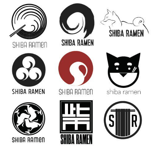 Brainstorming. We considered a lot of concepts, but only pursued the three in the middle row and the one at lower left. We asked Misa to try to hit a middle ground between the two mon concepts for the next round. The others we didn't pursue for either being too suggestive of ramen, dogs, or traditional Japanese style. 
