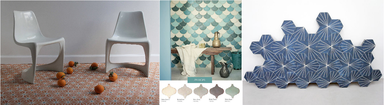 I Love Tile. The availability of colors, patterns, and shapes is nearly limitless. The one on the left from Popham Design (which sells truly stunning cement tiles, by the way) uses a traditional Japanese "asanoha" pattern. As I'll explain in a future post, we are using an asanoha tile mosaic in Shiba Ramen, although with a different tile. 