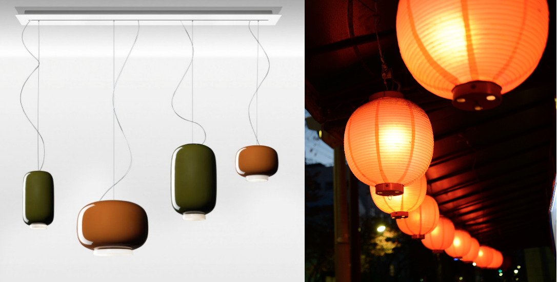 Lights! Foscarini's "Chouchin" collection at left. We're using the smaller orange pendant. Japanese c houchin lamps at right.