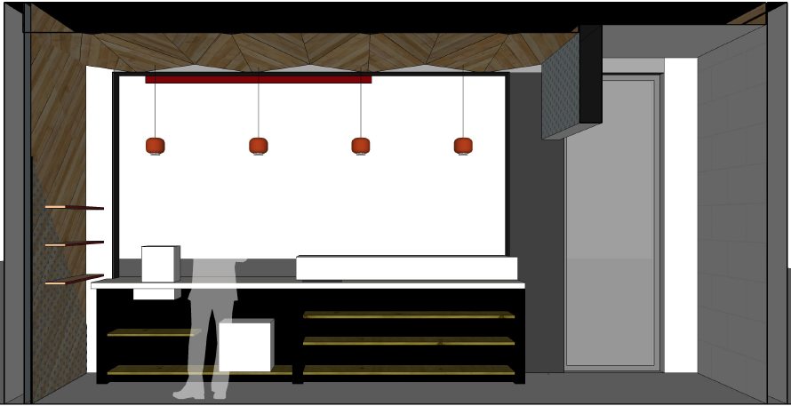 Soffit. This behind-the-counter view shows the three-dimensional nature of the pine soffit. 