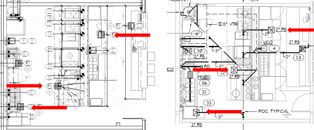 Exhibit B, Left: Kitchen designer's original plans. Sink at lower left located away from dishwasher 33. Sink in middle located under table 6, away from pasta cooker 22. Exhibit C, Right: Construction drawing version. Sink at lower left now located under dishwasher 33. Sink in middle located under pasta cooker 22. The sinks were away from the equipment in the original drawings, but were under the equipment in the construction drawings. That was the problem.