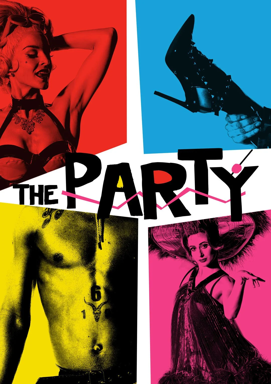 Poster design for The Party with cast images (Strut & Fret 2022)