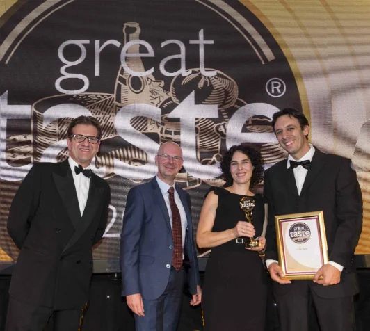 (L-R) John Farrand, Guild of Fine Food, Ian Willard of Partridges and Caroline and Francesco Boggian of La Tua Pasta.&nbsp;