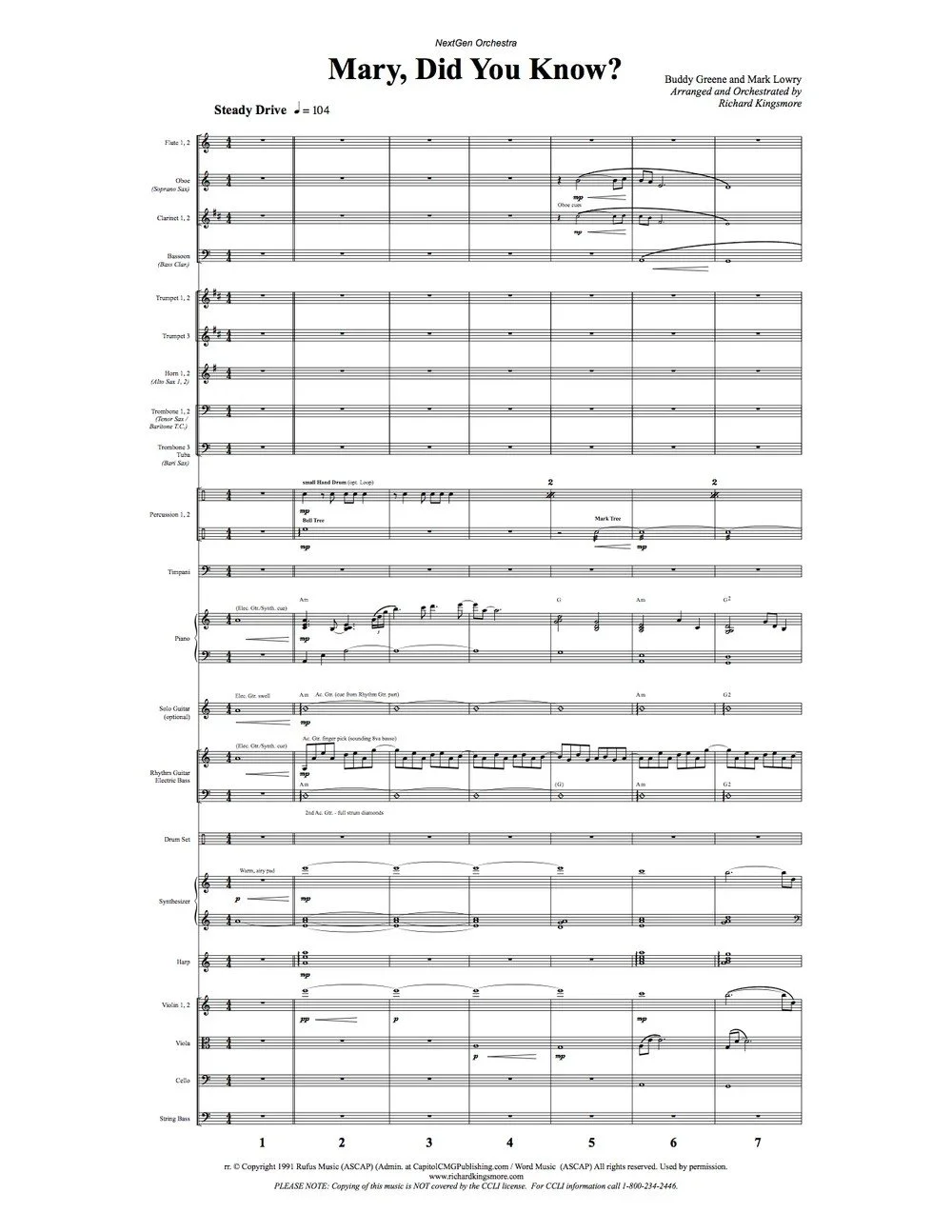 Mary Did You Know Christmas orchestra sheet music arranged by Richard Kingsmore score page 1