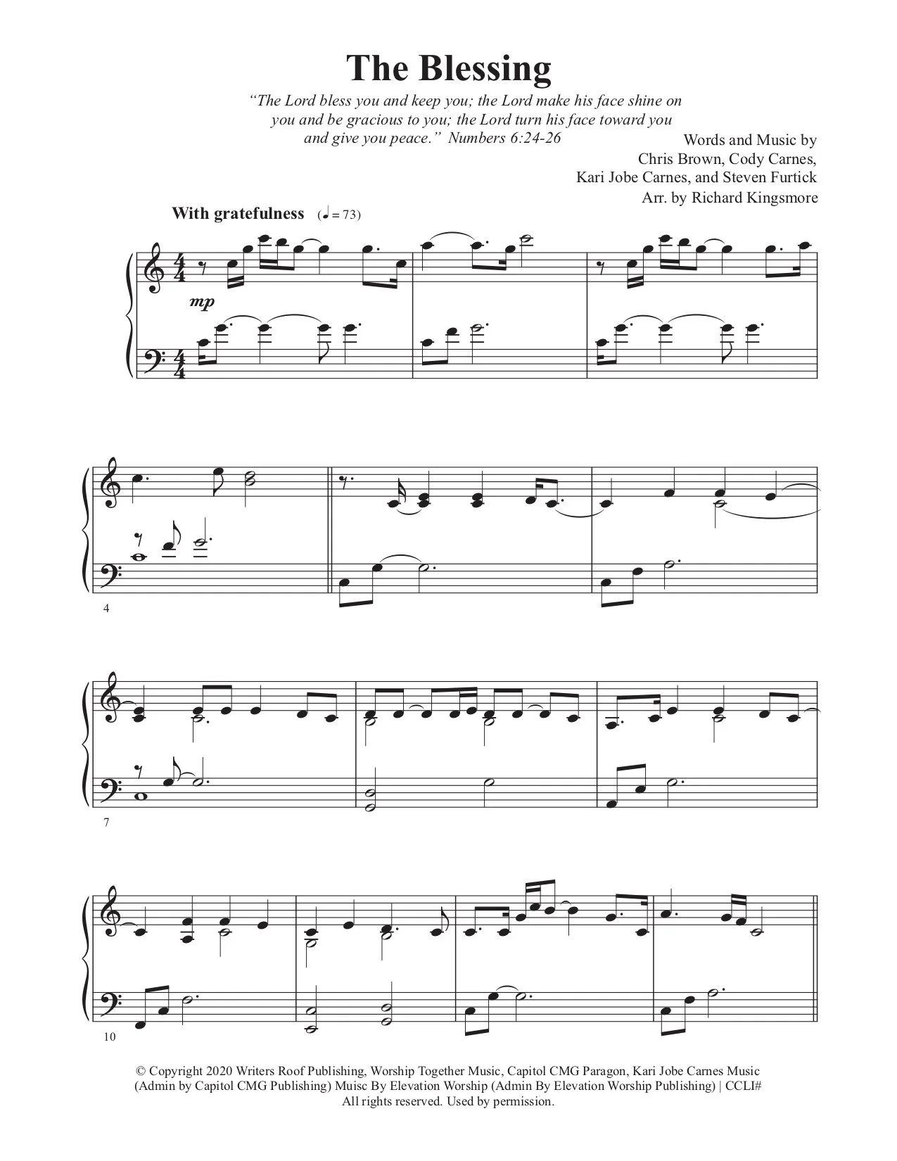 The Blessing Solo Piano Sheet Music by Richard Kingsmore