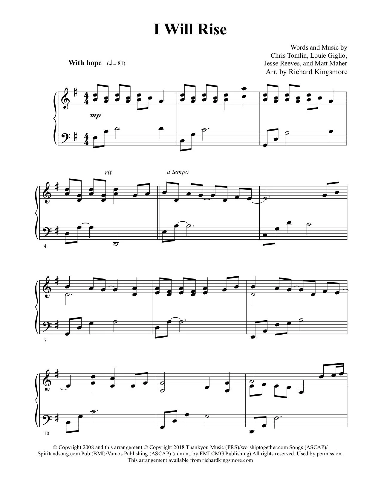 I Will Rise Solo Piano Sheet Music by Richard Kingsmore