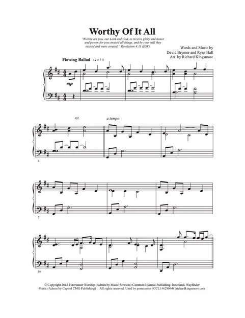 Worthy of It All solo piano sheet music arrangement by Richard Kingsmore page 1