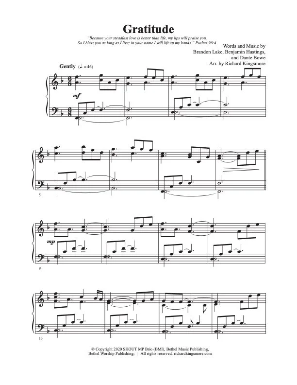 Gratitude Solo Piano Sheet Music Arrangement by Richard Kingsmore
