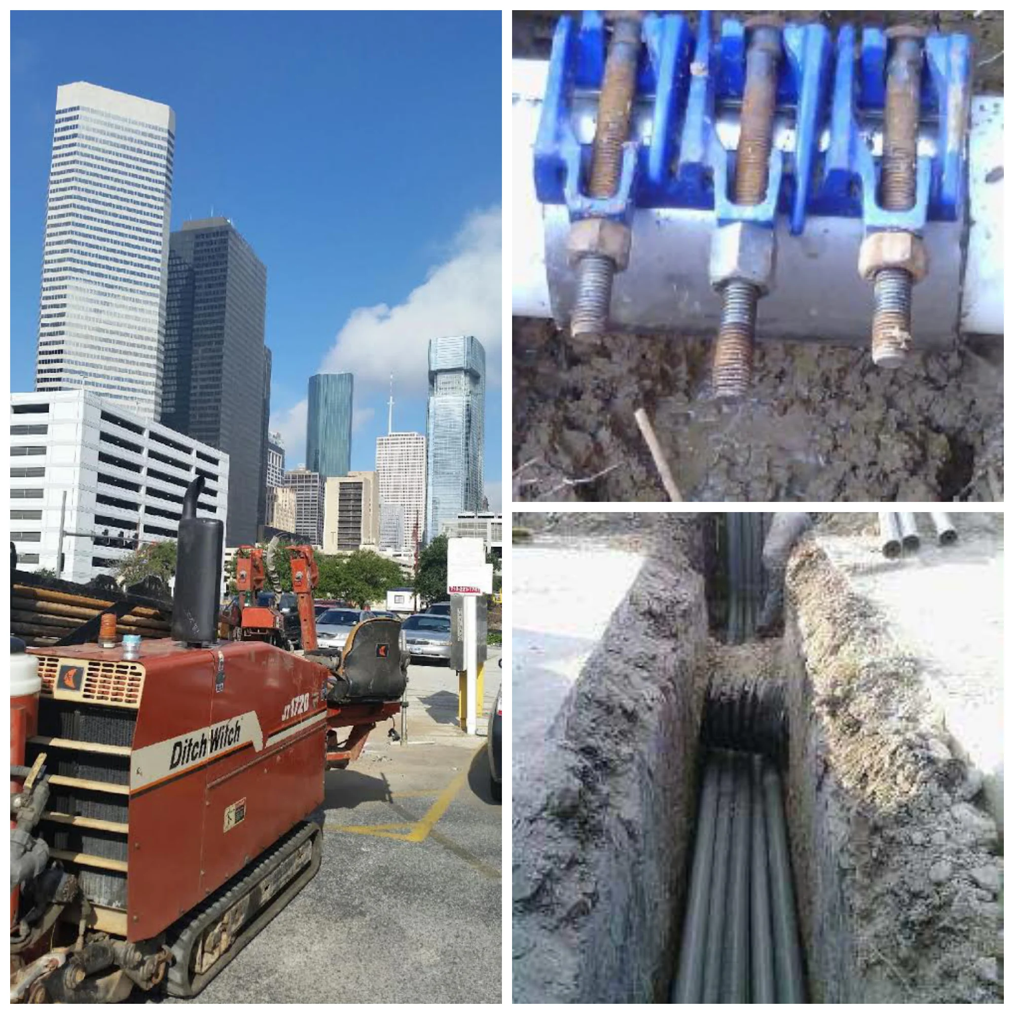 Our equipment at a job in Downtown Houston, a water pipe repair, and trenching.