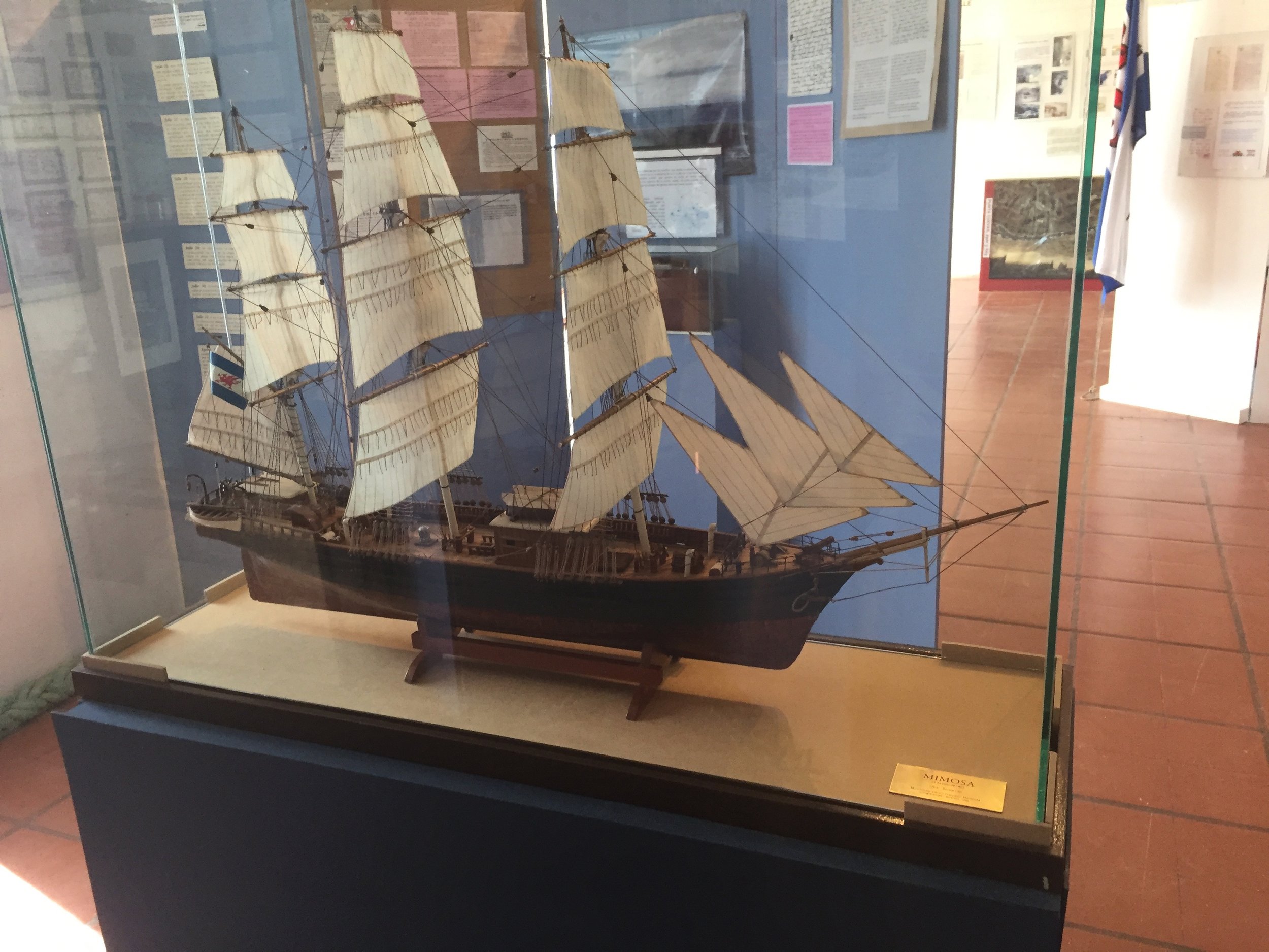 Model of the Mimosa, the converted tea clipper that carried the first settlers from Wales to Patagonia.