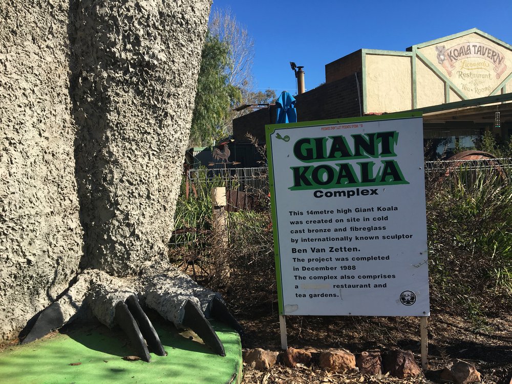  “This 14-metre high koala was created on site in cold cast bronze by internationally renowned sculptor Ben Van Zetten. This project was completed in 1988. The complex includes a restaurant and tea gardens.” 