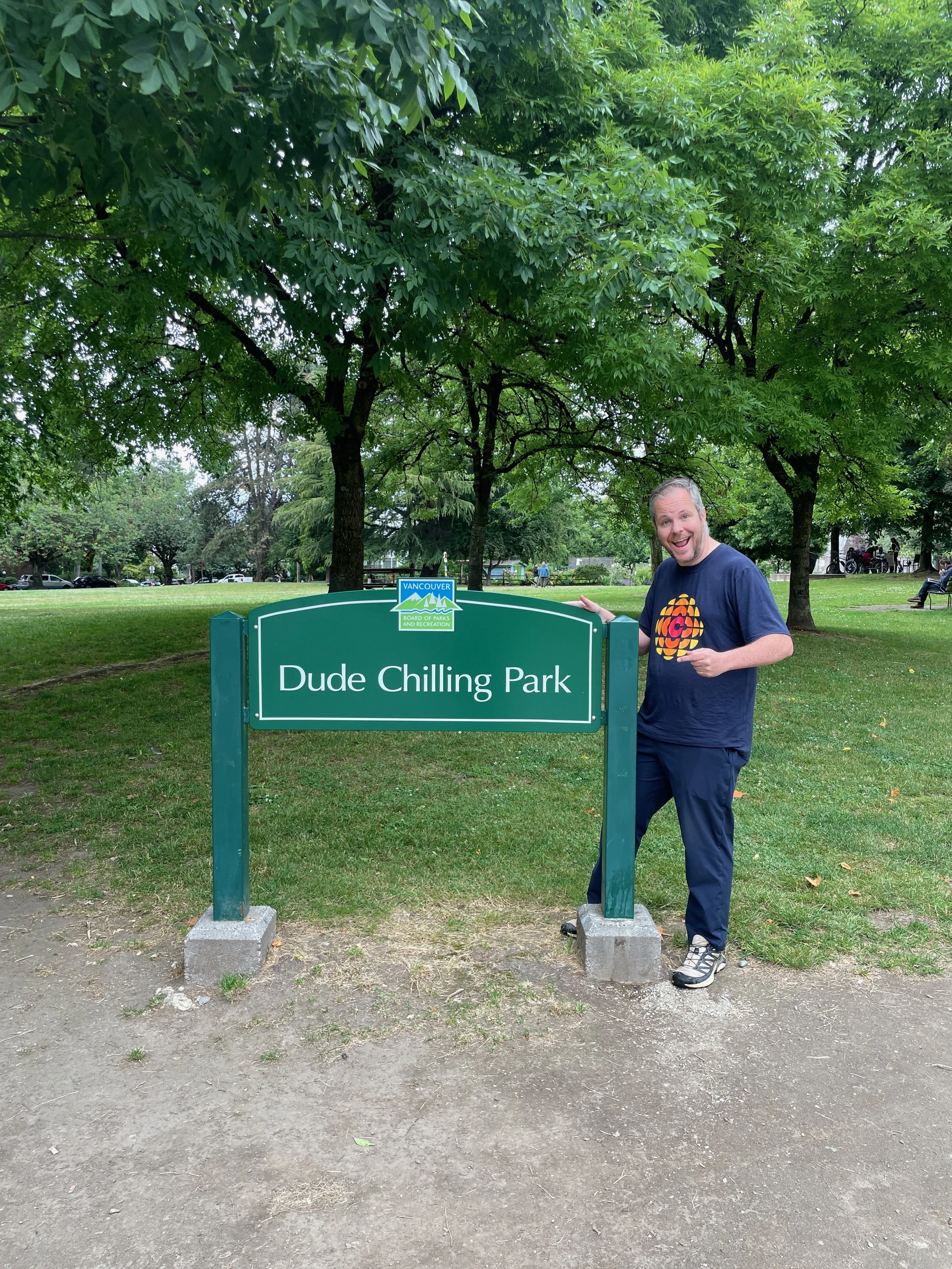  That’s better - the  Dude Chilling Park  sign, with a Justin McElroy being a dude chilling next to it. 