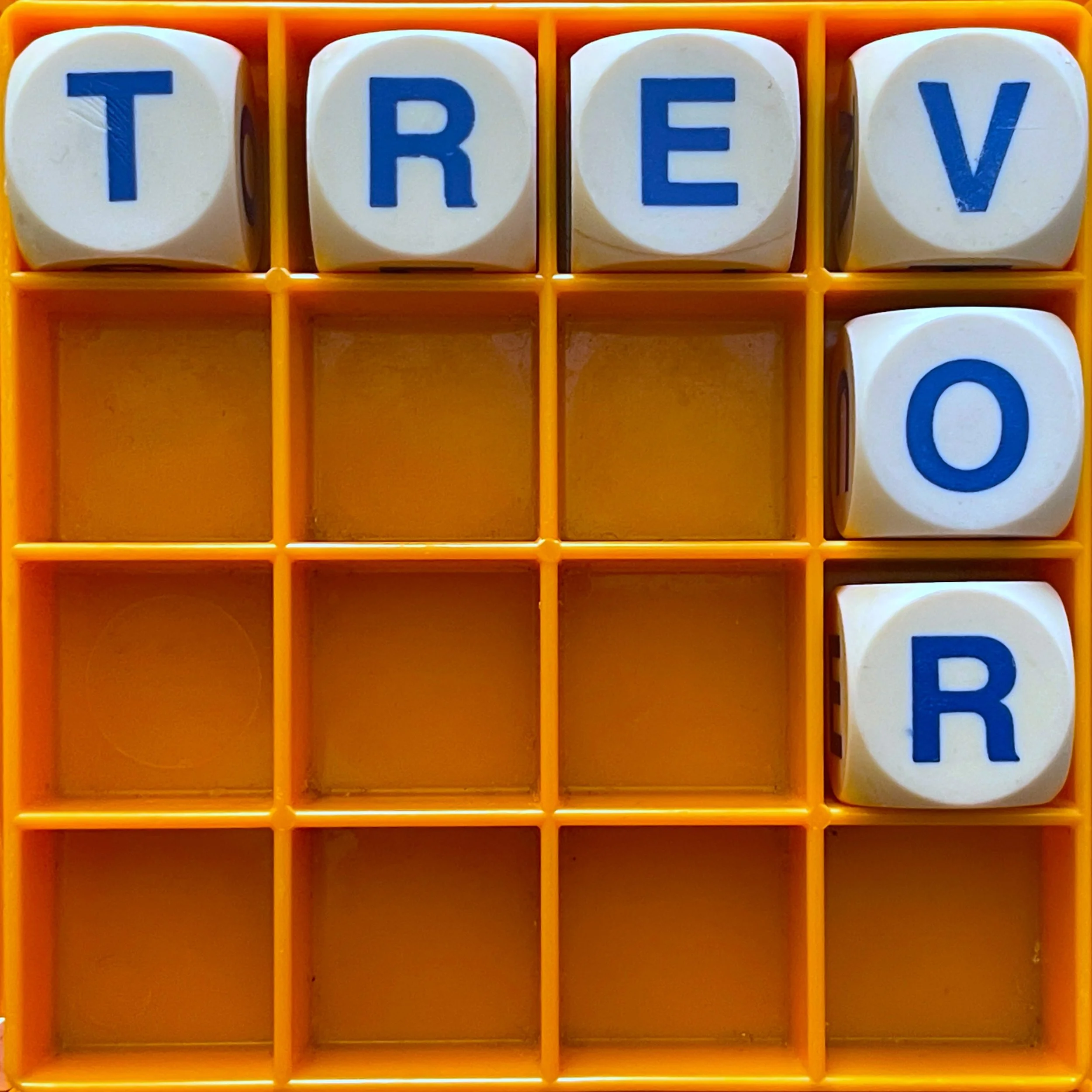 a boggle set spelling out the word Trevor