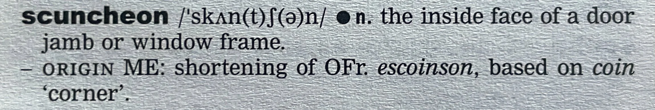 the dictionary entry for scuncheon, noun: the inside face of a door jamb or window frame. Origin Middle English: shortening of Old French escoinson, based on coin 'corner'.