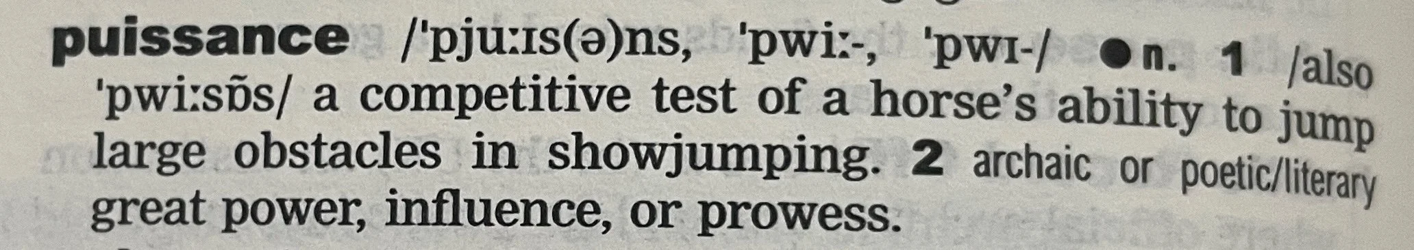 the dictionary definition for puissance, noun, 1: a competitive test of a horse's ability to jump large obstacles in showjumping. 2, archaic or poetic/literary: great power, influence, or prowess.