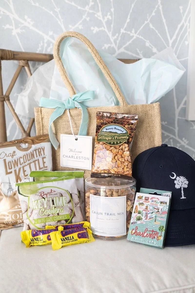 Custom Charleston wedding welcome gift created for a William Aiken House wedding featuring local Lowcountry treats