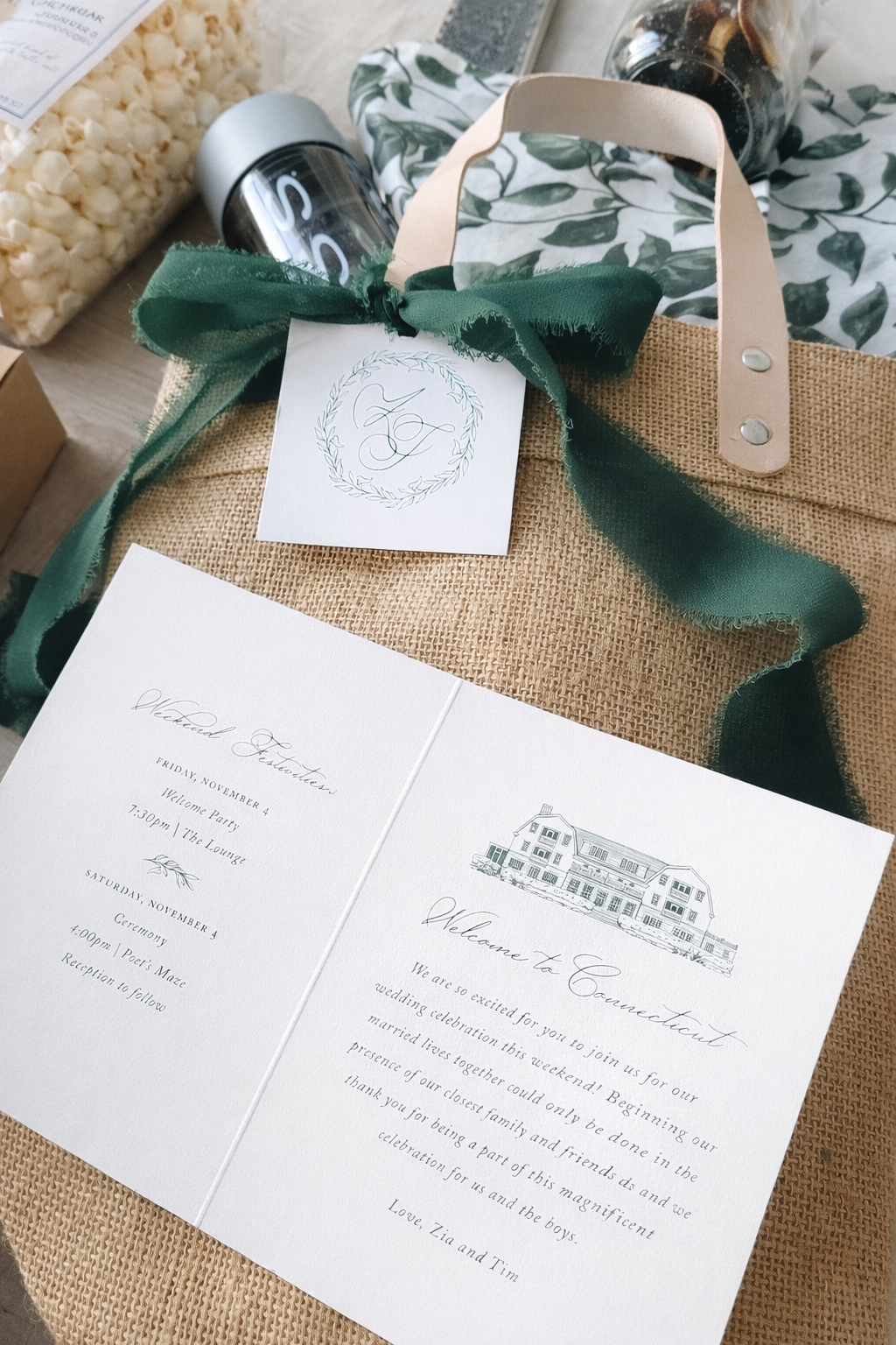 Custom wedding welcome bag with itinerary details for Zia and Tim’s wedding weekend at Mayflower Inn & Spa in Connecticut