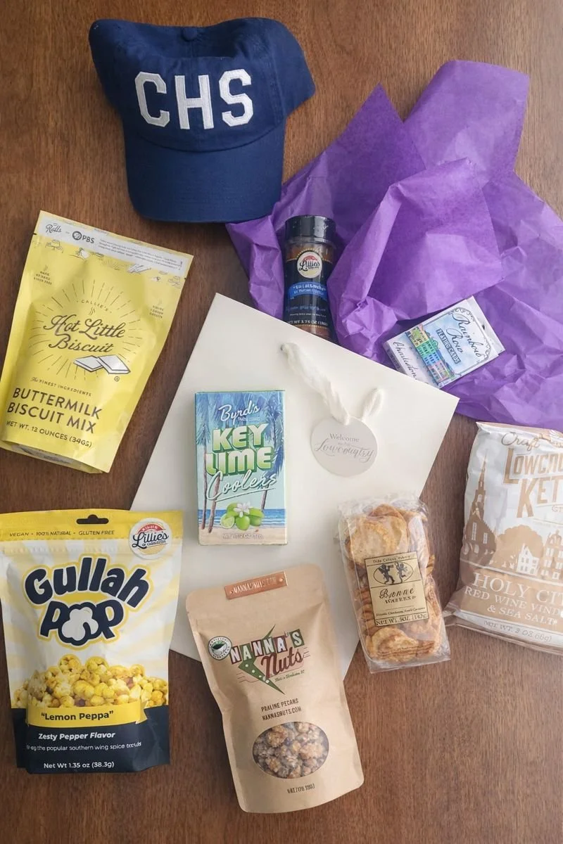 Custom corporate welcome gifts featuring Callie's Biscuit mix, Gullah Pop popcorn and Benne Wafers created for an event at The Sanctuary Hotel in Kiawah Island, South Carolina