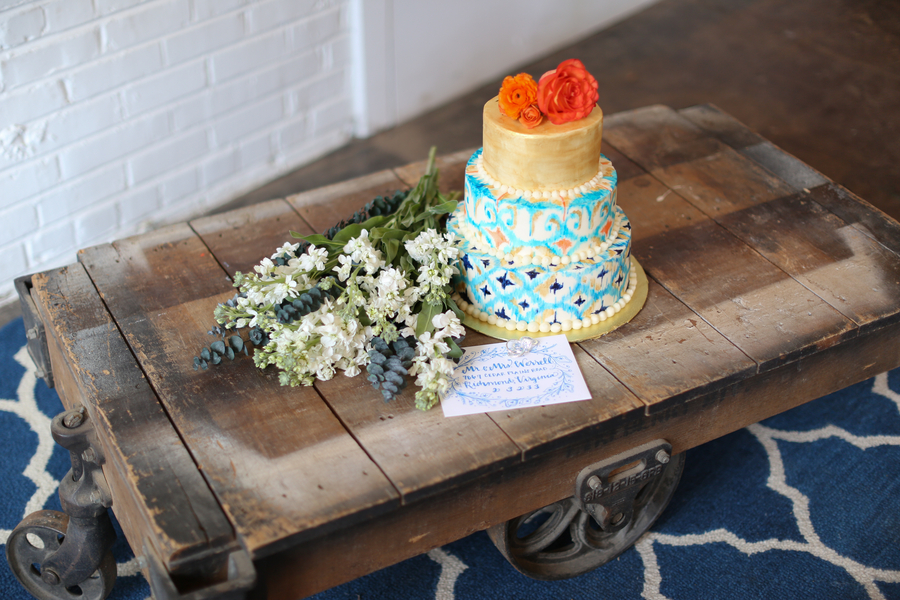 Blue, Orange and Gold Wedding Cake