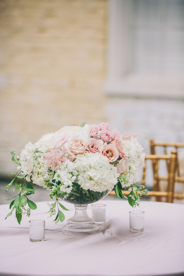 Blush pink and white centerpiece at William Aiken House wedding