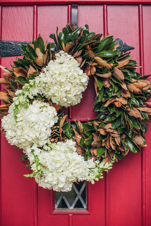 Charleston Wedding wreath with magnolia leaves and hydrangeas