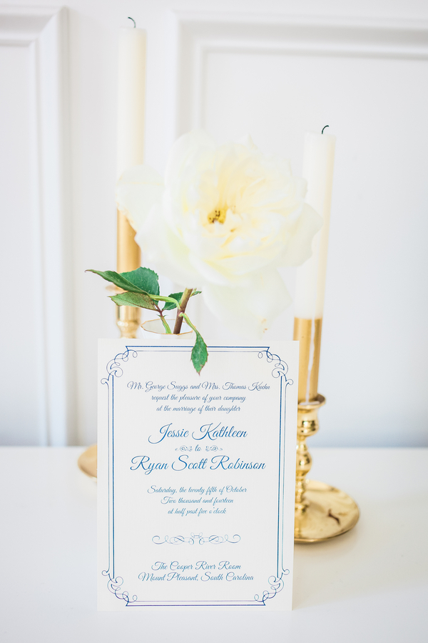 White rose centerpiece at Charleston wedding at Cooper River Room by Judy Nunez Photography