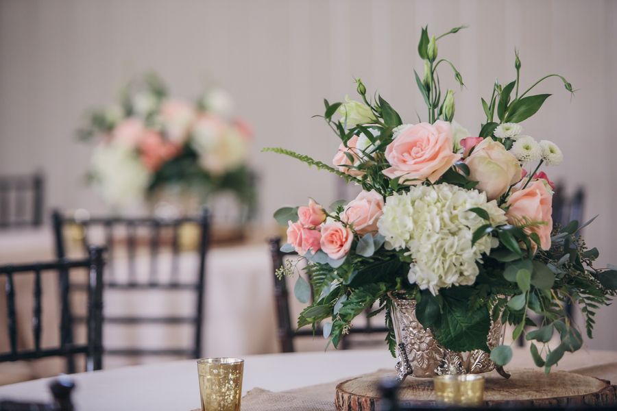 White hydrangea and pink rose centerpiece by Timeless Designs 
