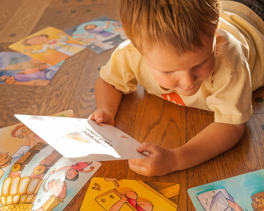 Kids pour over these sturdy cards, putting them in order and retelling the Bible narrative