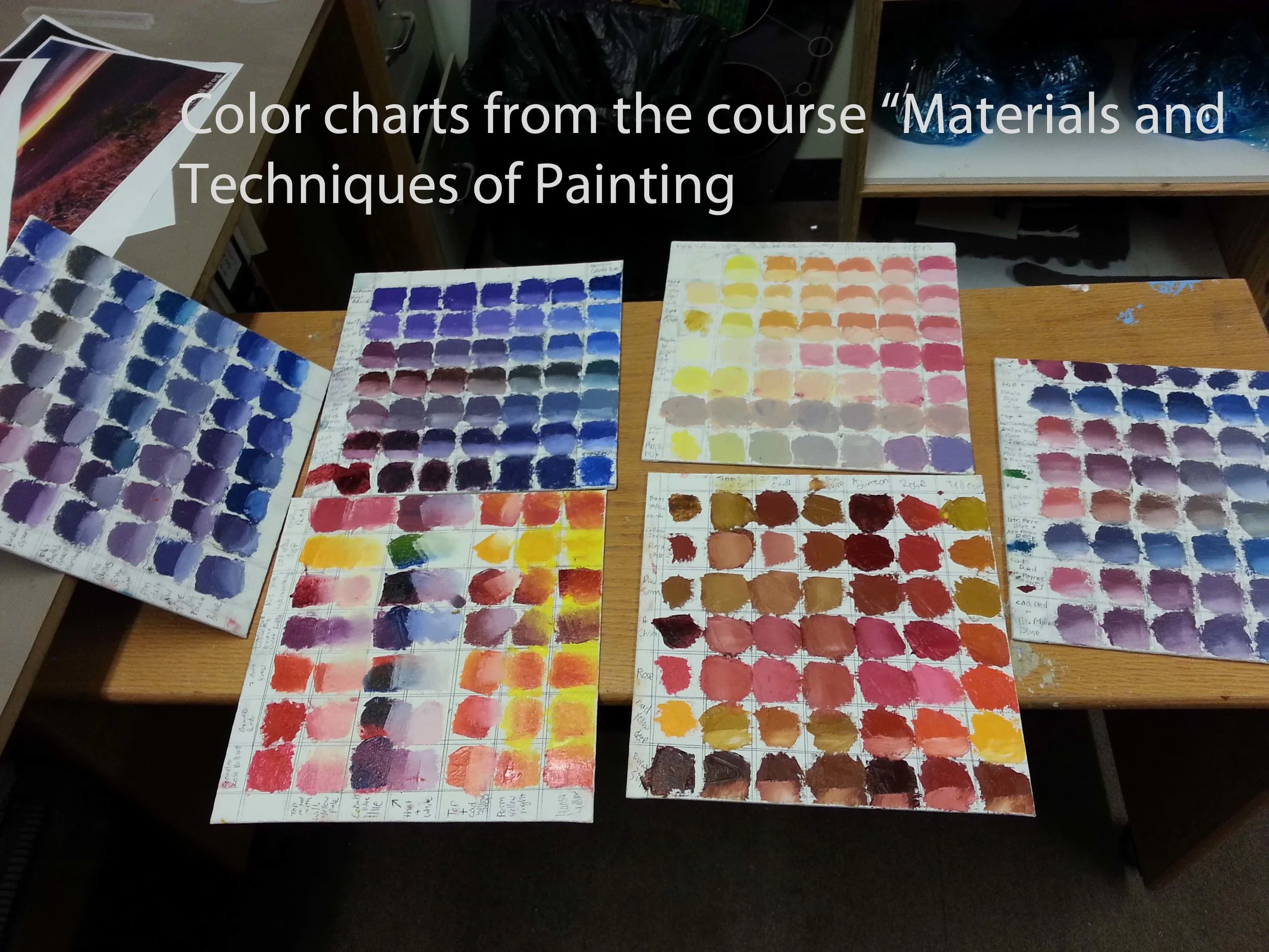 Color Charts from a class that focused on learning the material of paint, mixing color.