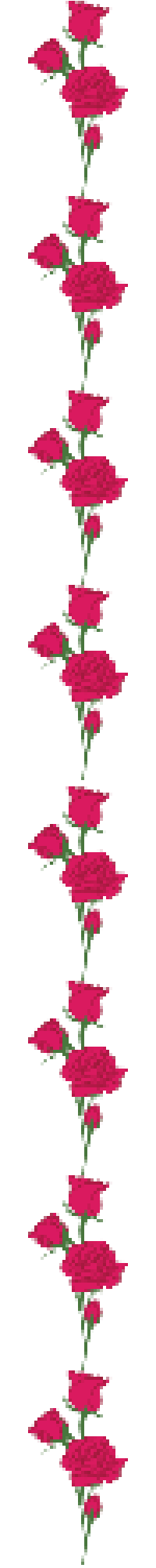 Vertical arrangement of pink flowers with green stems and small leaves on a black background.