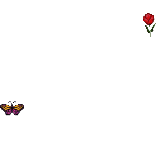Pixel art with a red flower in the upper right and a pink and yellow butterfly towards the lower left, on a dark blue background.