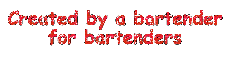 Text reads 'Created by a bartender for bartenders' in red with a sparkly effect on a black background.