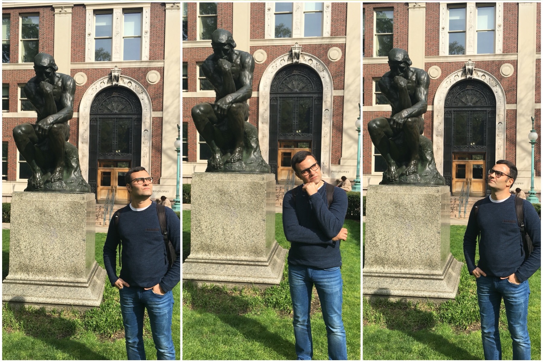 Murilo getting pensive with the famous sculpture The Thinker by Auguste Rodin.