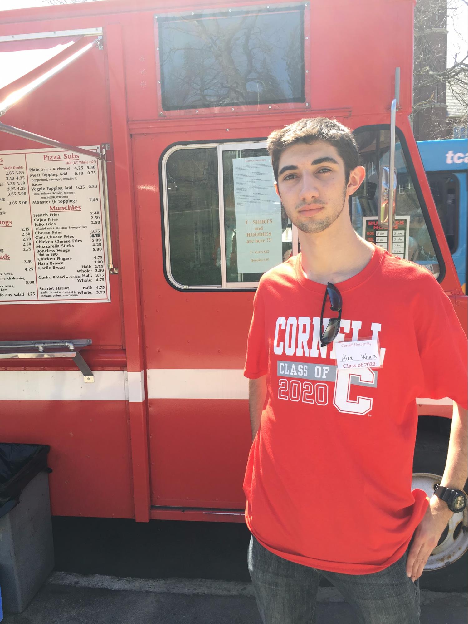 Alex visiting Cornell in April for Cornell days, an event for accepted students (standing in front of Louie’s Food Truck)
