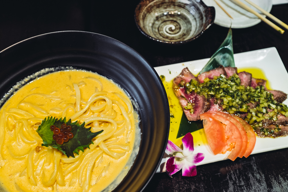 Sea Urchin Cream Udon and Beef Tataki