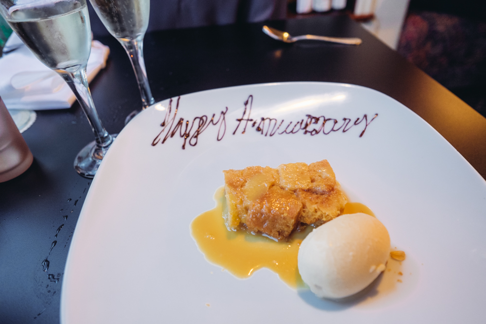 They gave us champagne and dessert to celebrate!