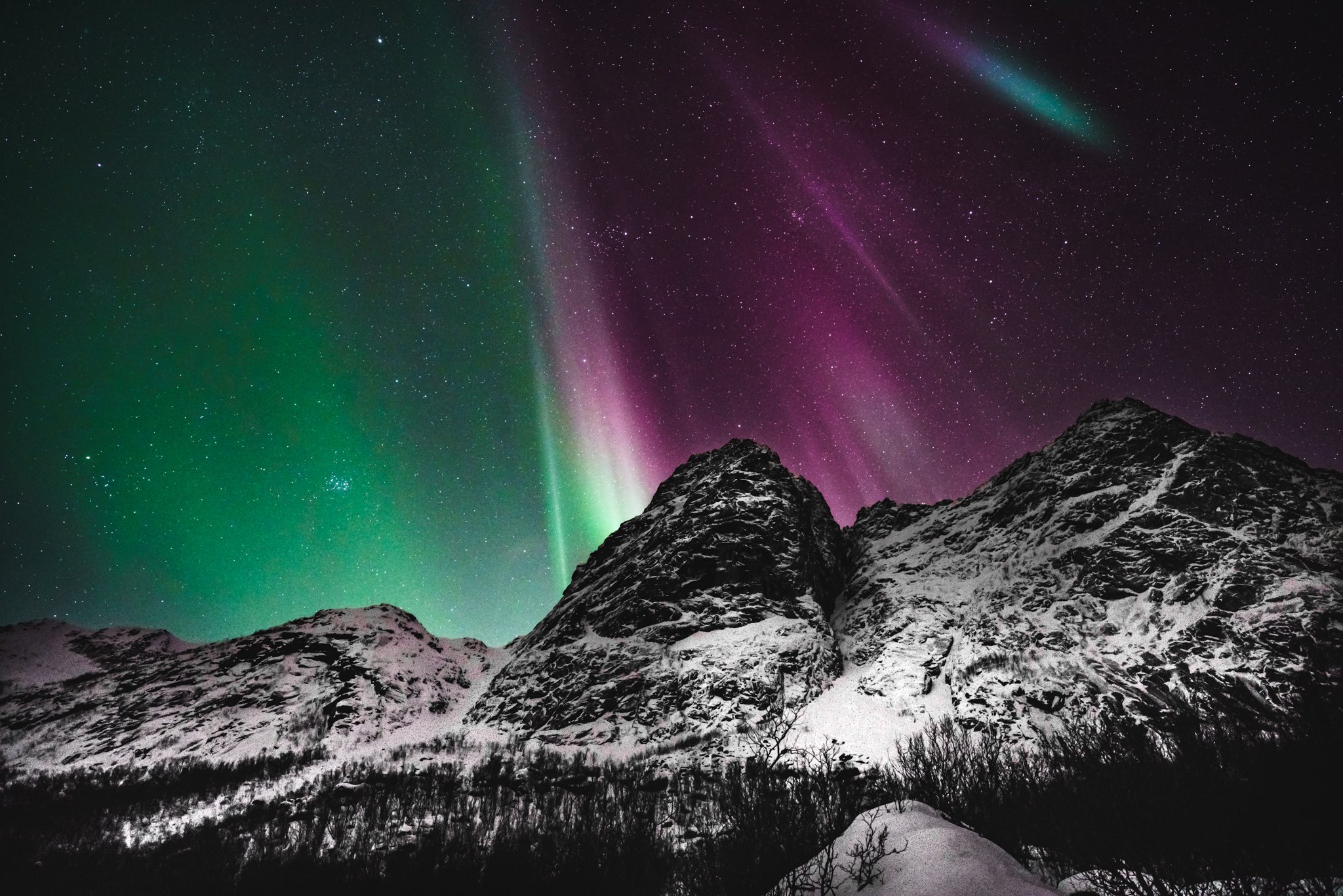 Modern cameras are impressive because of how well they perform in low light, but it takes a combination of long exposure times (6 seconds) aperture (2.8) and ISO (3200) to achieve a successful night image like this Northern Lights image I made in Norway (Feb 2016)