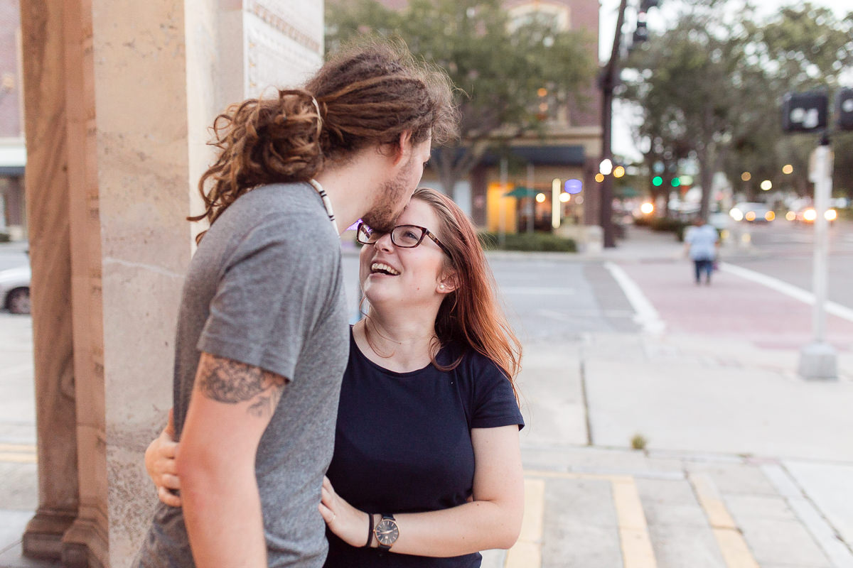 Engaged couple in downtown St. Petersburg, Florida
