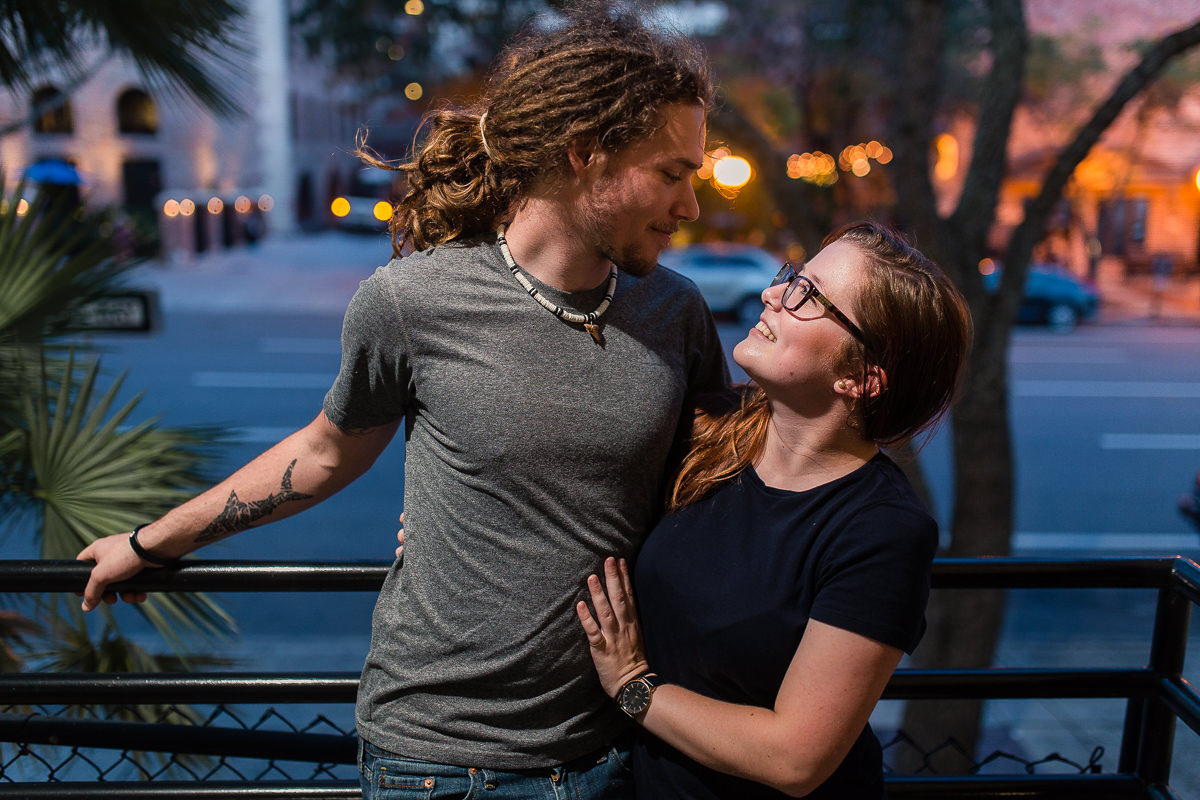 Engaged couple at night in downtown St. Petersburg, Florida