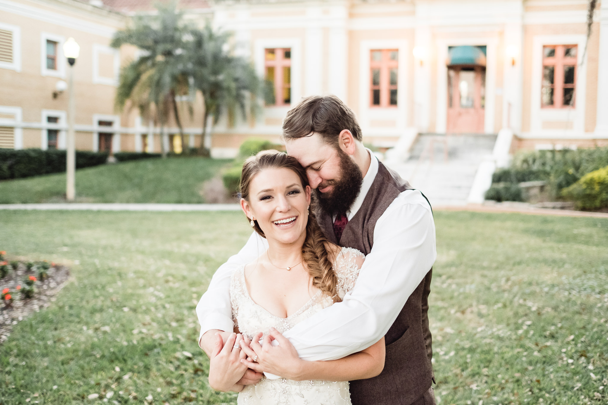 Pastel wedding photograph of bride and groom at Mirror Lake Library