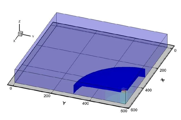 Model domain showing a hydraulic head rise during an infiltration event.