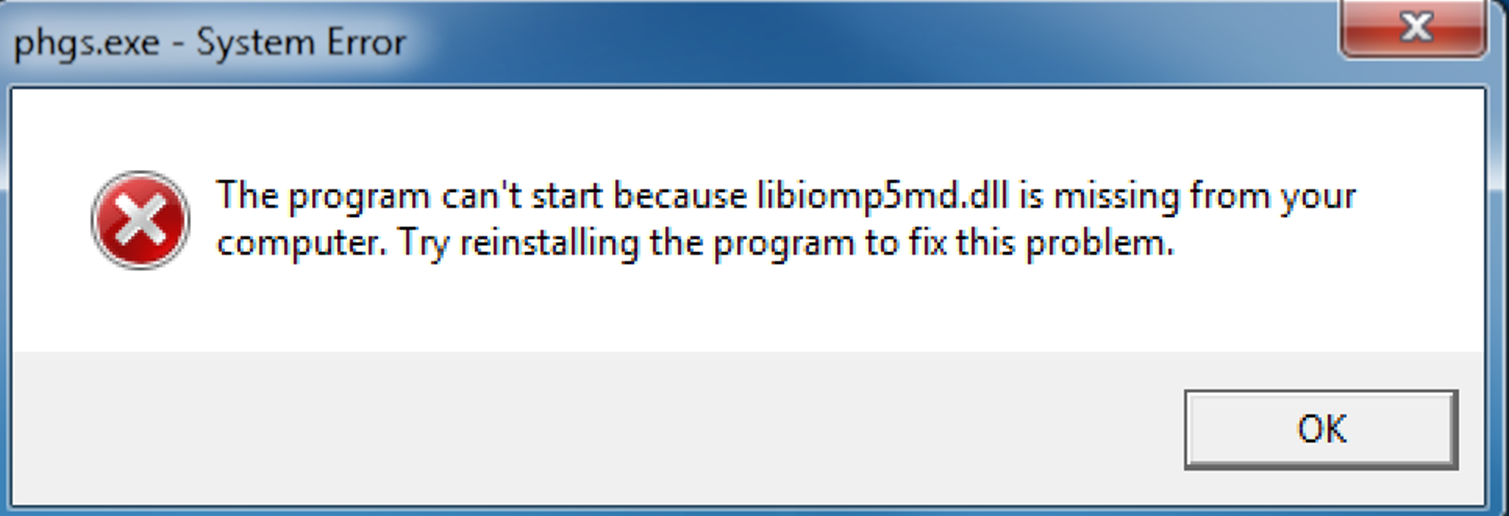 Copy and paste the library files libmmd.dll, libiomp5md.dll, and libifcoremd.dll into the working directory. 