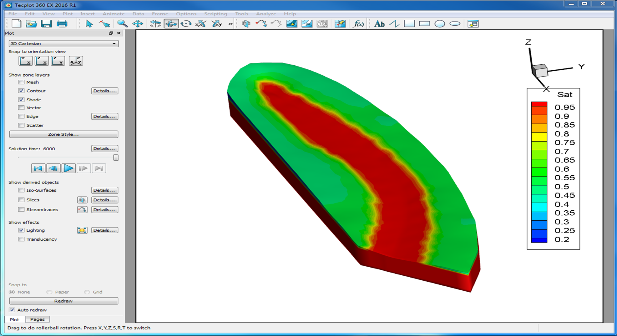 Open tecplot, and drag and drop the abdulo.pm.dat file. This is the output for the porous medium flow portion of the simulation. Change the output to Sat to show the soil saturation.