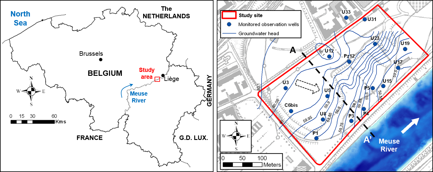 Figure 1. Location of the study site adjacent to the Meuse River, monitored wells U5 and U3 (114 and 207 m distance from the river, respectively) and groundwater head contours as measured in April 2006.