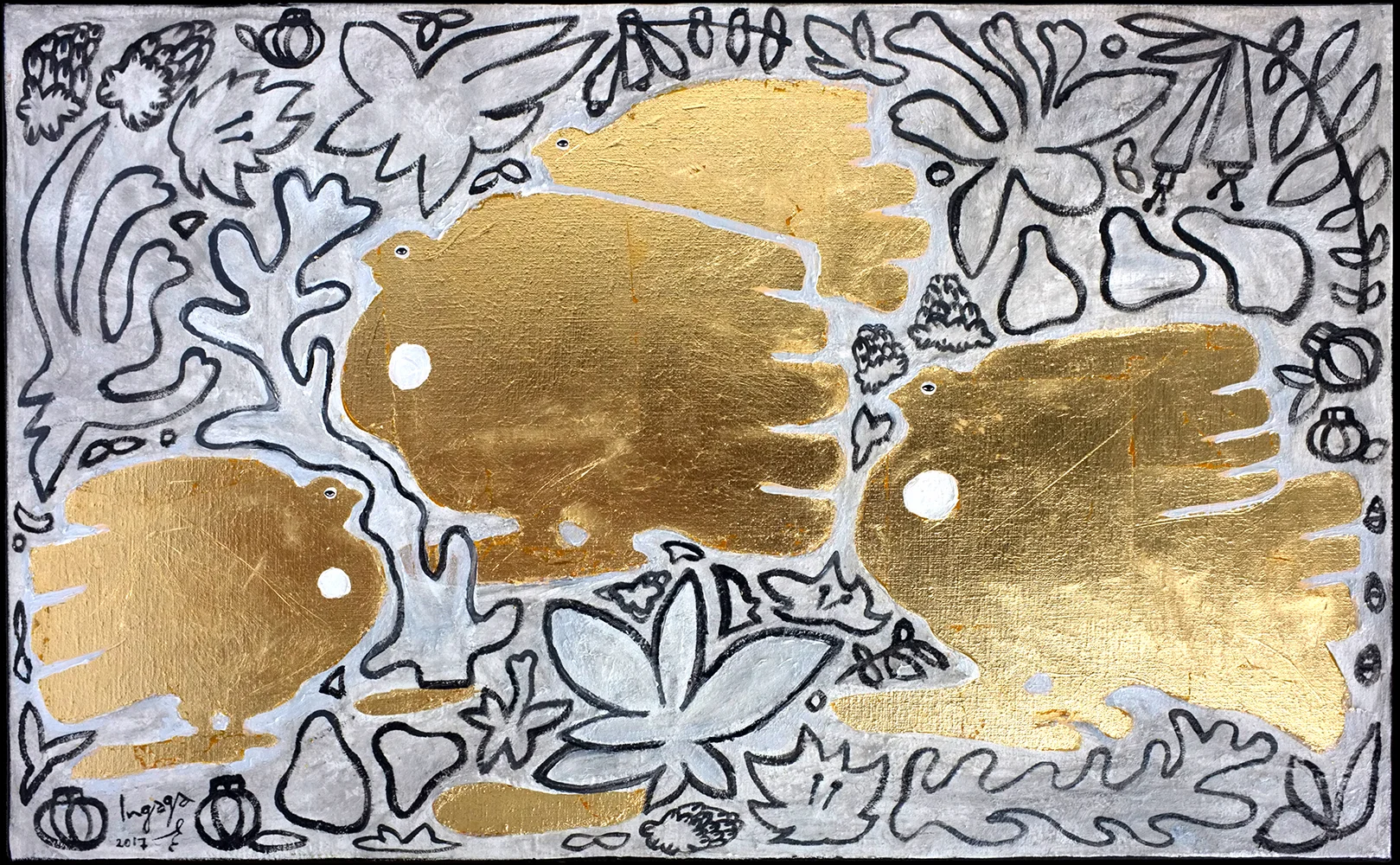 LEARNING TO FLY 50 x 80cm Mixed media and gold leaf on canvas / 2017