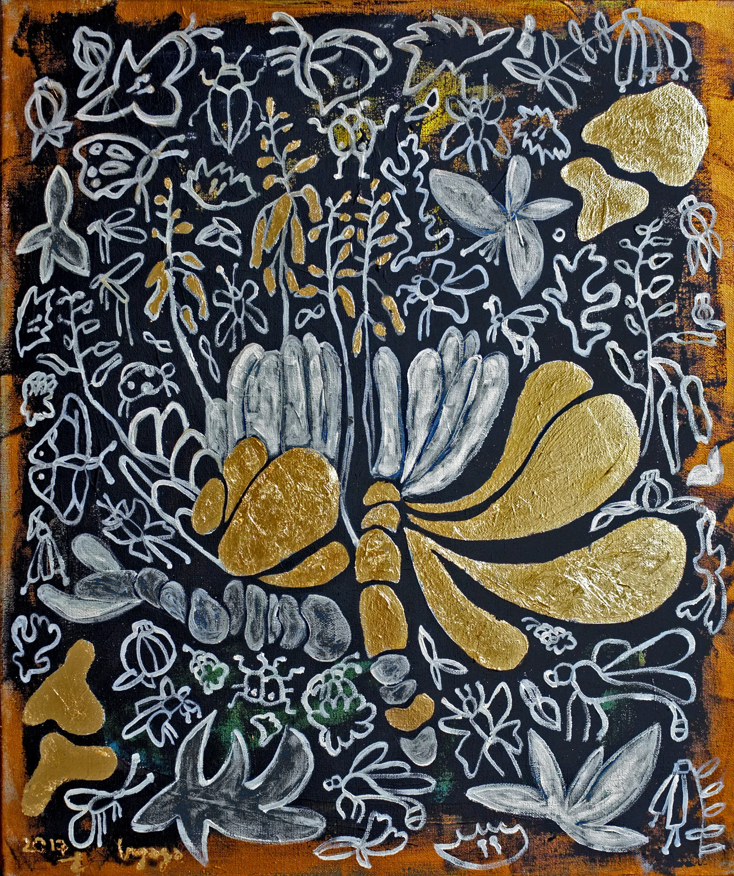 THE FLYWAY CODE 50 x 60cm Mixed media and gold leaf on canvas / 2017